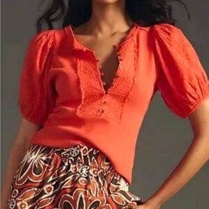 Anthropologie Pilcro Red Orange Henley Puff Sleeve Top